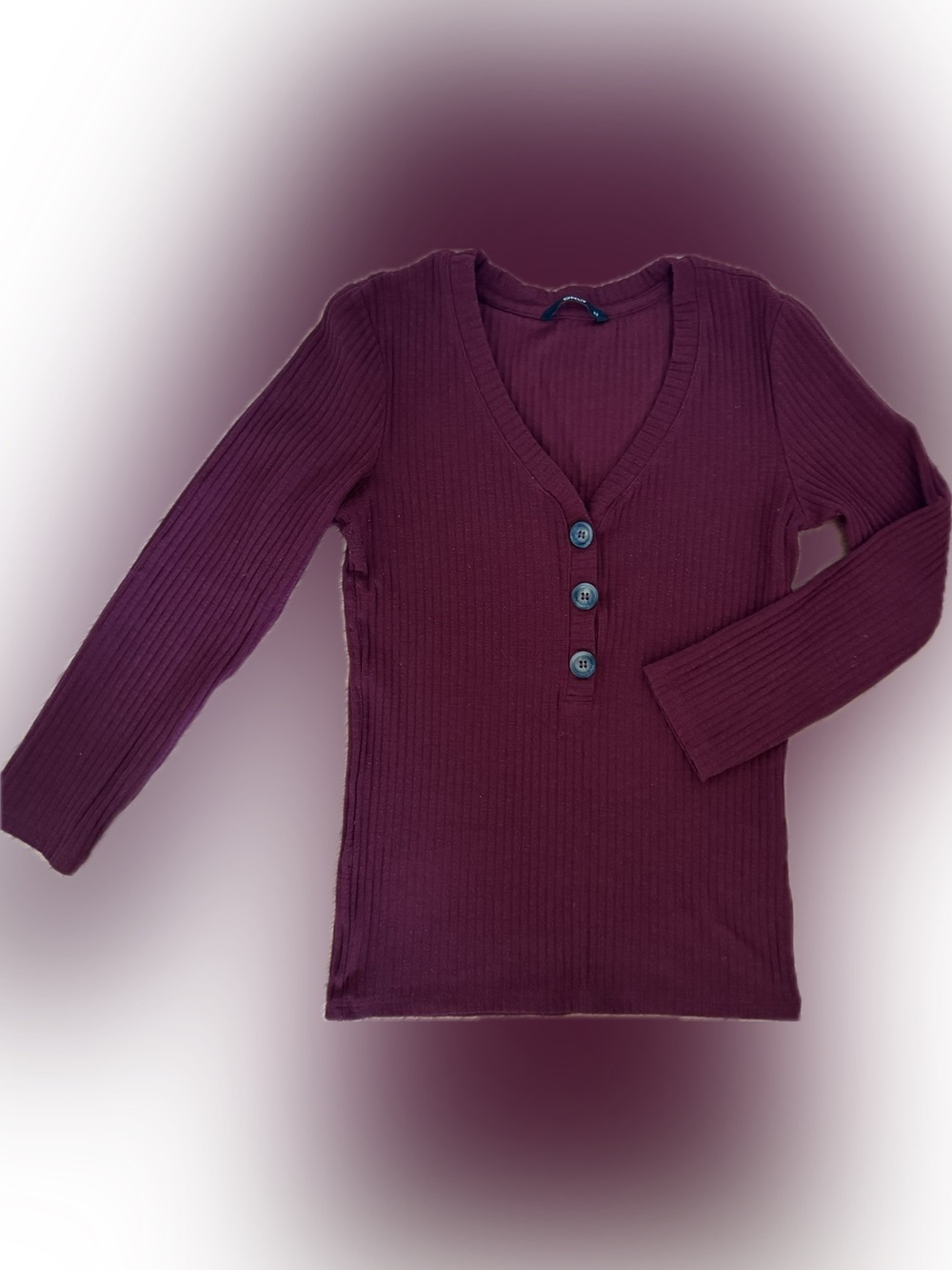 Only Ribbed V-Neck Button Sweater - Burgundy